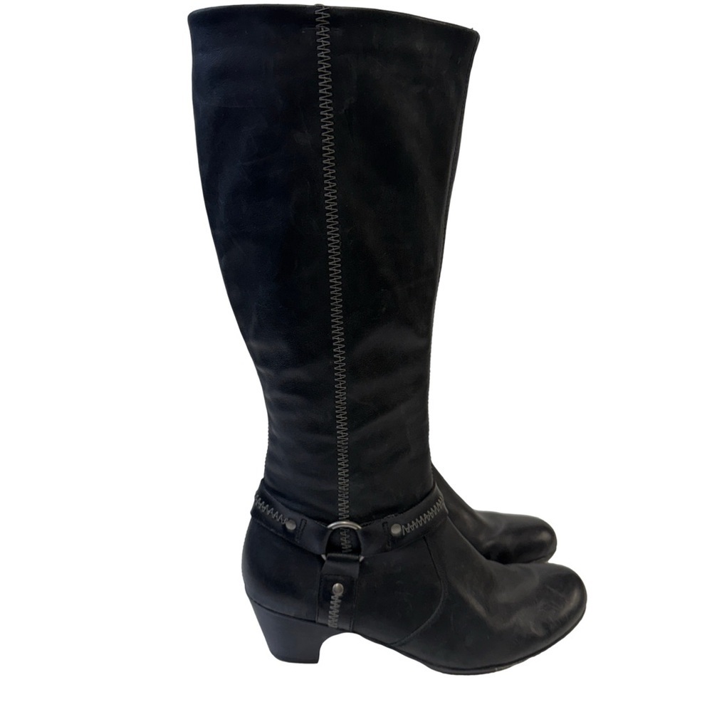 Reiker Leather Black Knee High 2” Heeled Boots Embroidery & Buckle Size 6 Moto